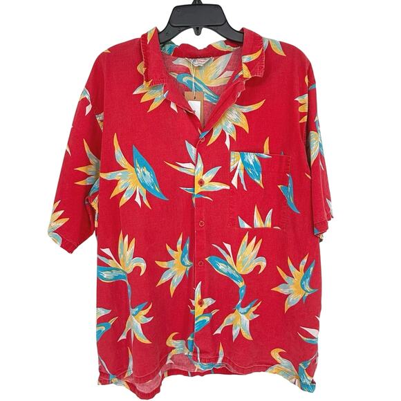 Vintage 1990s Islander Hawaiian Camp Shirt Red Bird of Paradise Floral Print - Picture 1 of 5